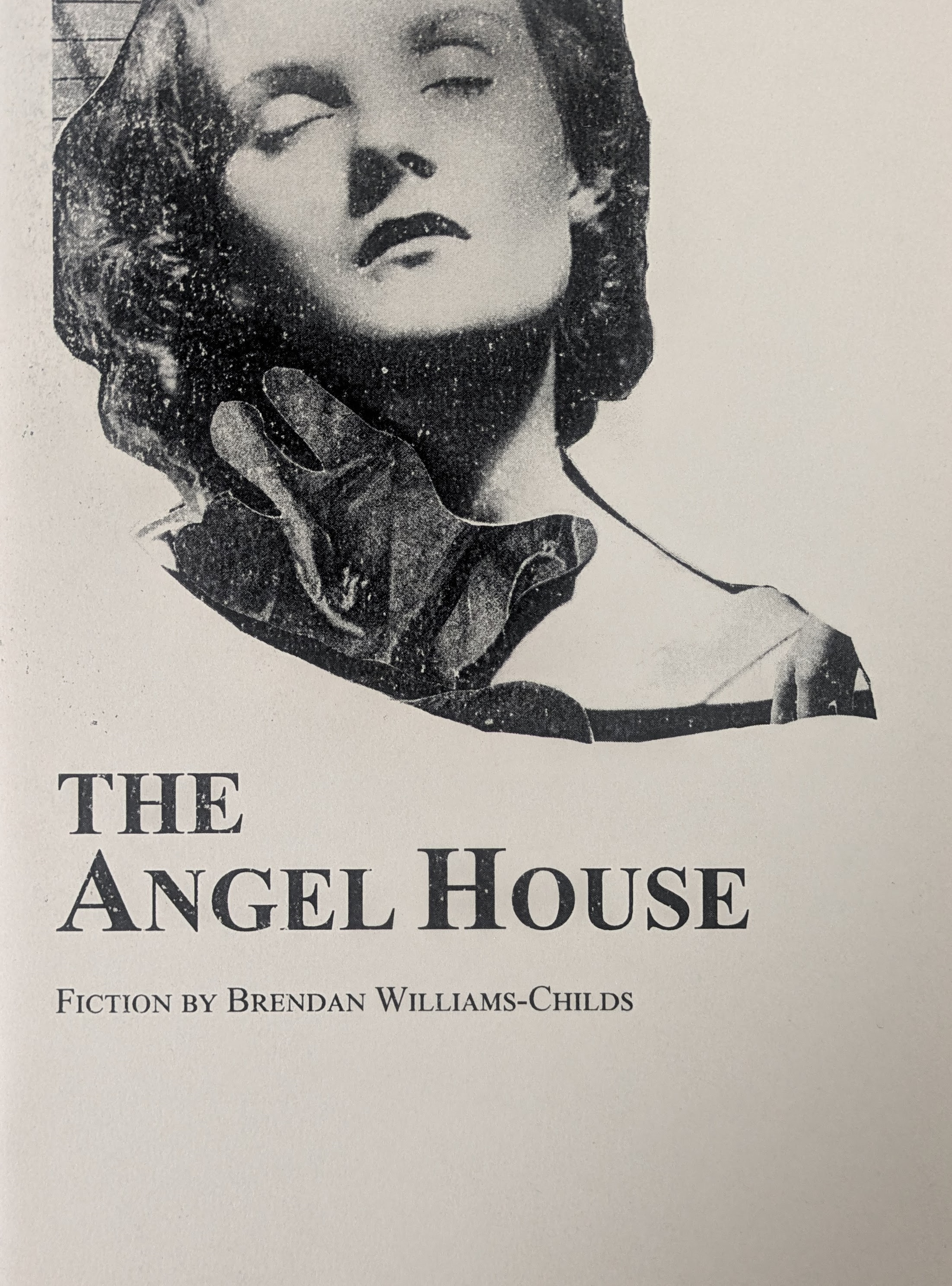 The cover of the zine “The Angel House.” A collage of a sleeping woman with a man’s hand around her neck. The hand is covered in the image of other hands.