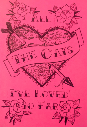  A collage of cats in a traditional tattoo heart with Cupid's arrow running through it. There are many different cats inside the heart.