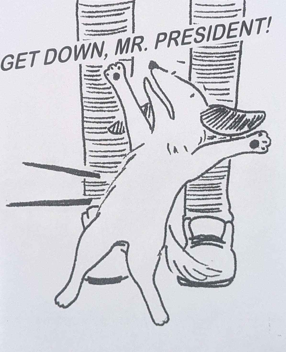 The cover of the zine “Get Down Mr. President.” An illustration of a little dog leaping dramatically in front of a pair of legs. 