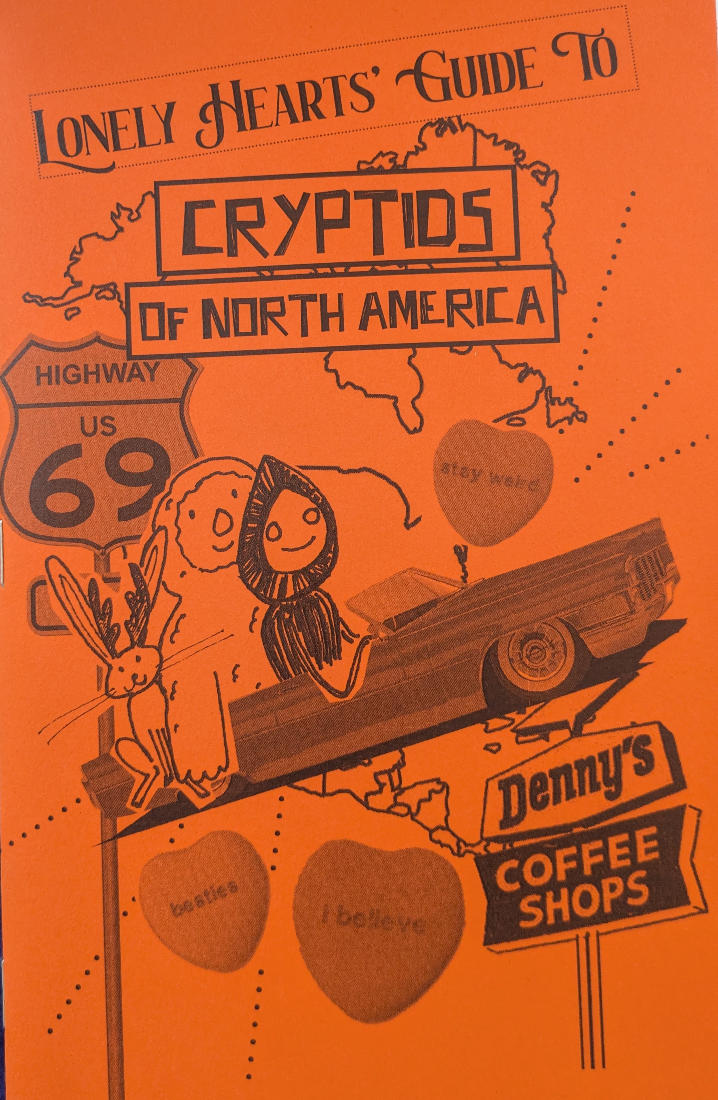  A collage of cryptids riding in a classic car with Americana imagery in the background.